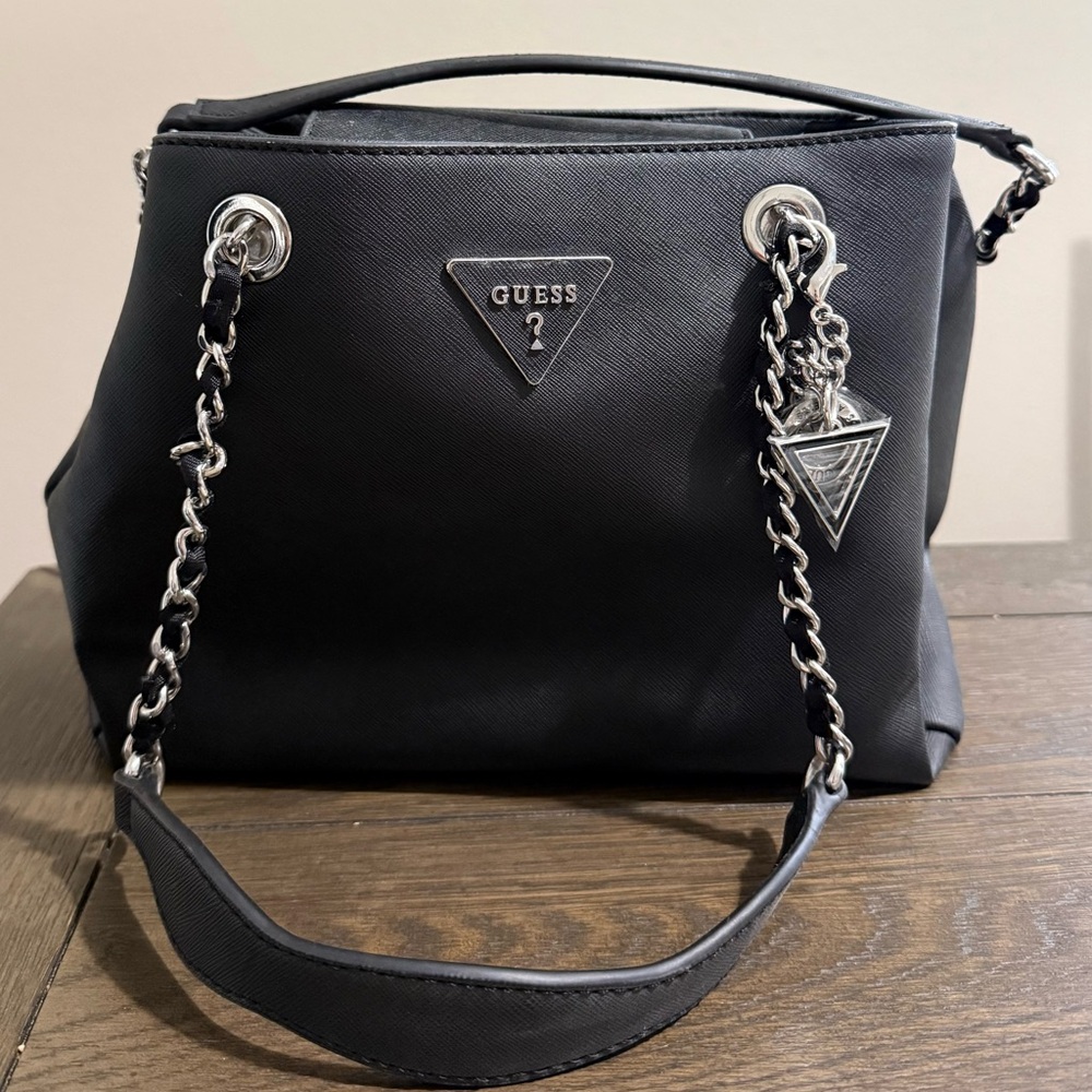 GUESS Black Saffiano Chain-Accent Shoulder Bag